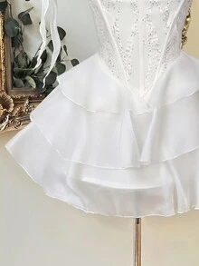 Lovelzi 優雅奢華手工 3D 貼花裝飾 無肩帶抓皺 多骨架修身 A 字短款女式晚禮服 - 白色 - 查看 7