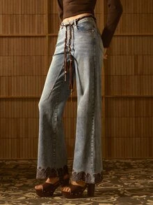 MOTF STUDIO WOMEN'S AUTUMN/WINTER VINTAGE WASHED BOHEMIAN EMBROIDERED HEM DENIM LONG PANTS - Medium Wash - View 4