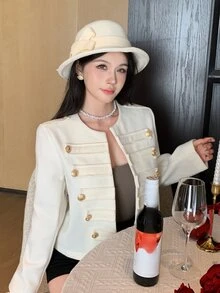 DAZY Women's Elegant Double-Breasted Long Sleeve Overcoat - Beige - View 6