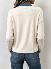 SHEIN Casual Vacation Collared Long Sleeve Colorblock Outerwear, Autumn Winter, Elegant Outerwear For Outings, Holiday, Commute, Graduation, Back To School - Beige - View 3