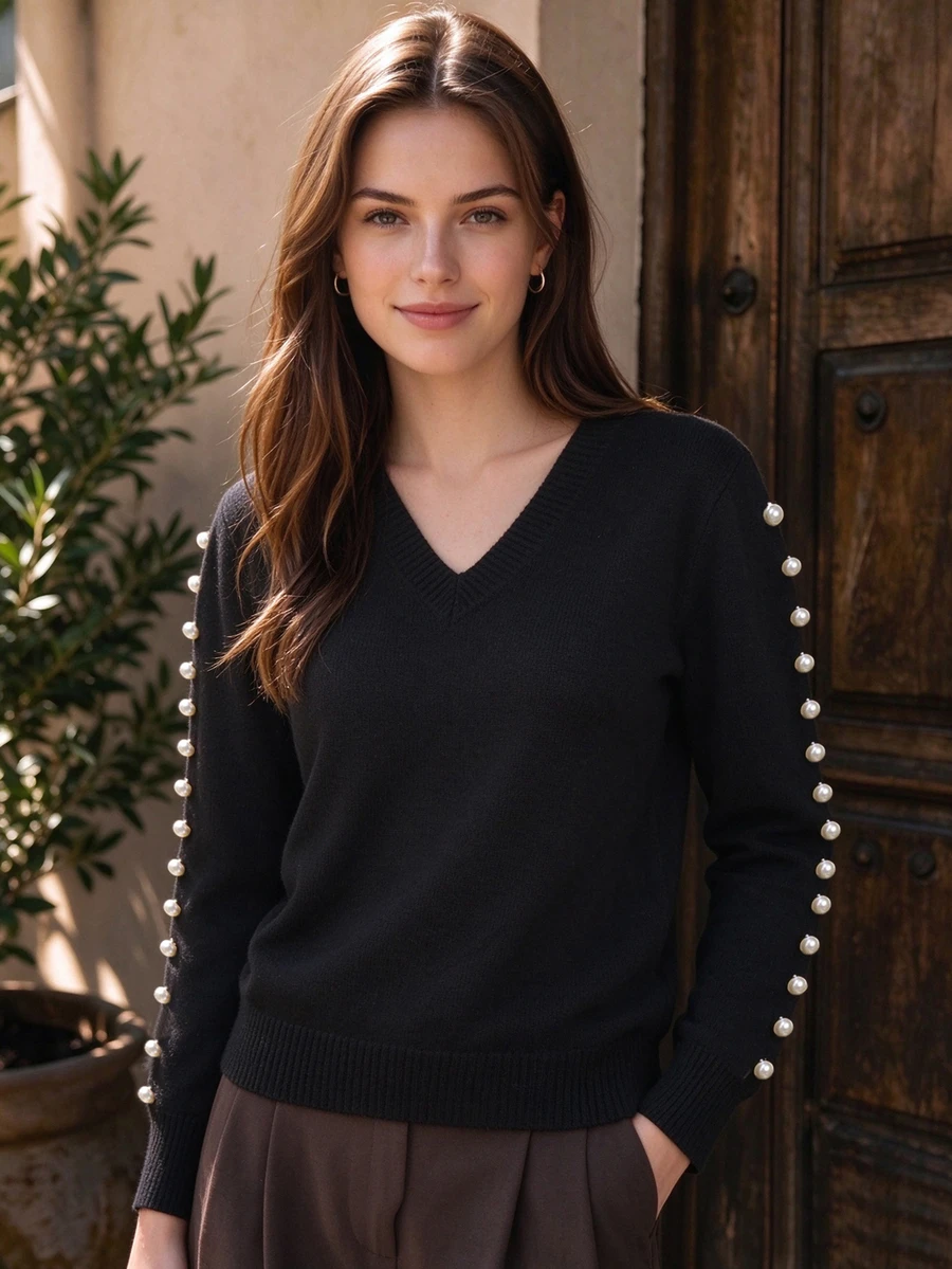 Airaco Women's V-Neck Black Faux Pearl Decor Long Sleeve Knit Sweater - Black - View 1
