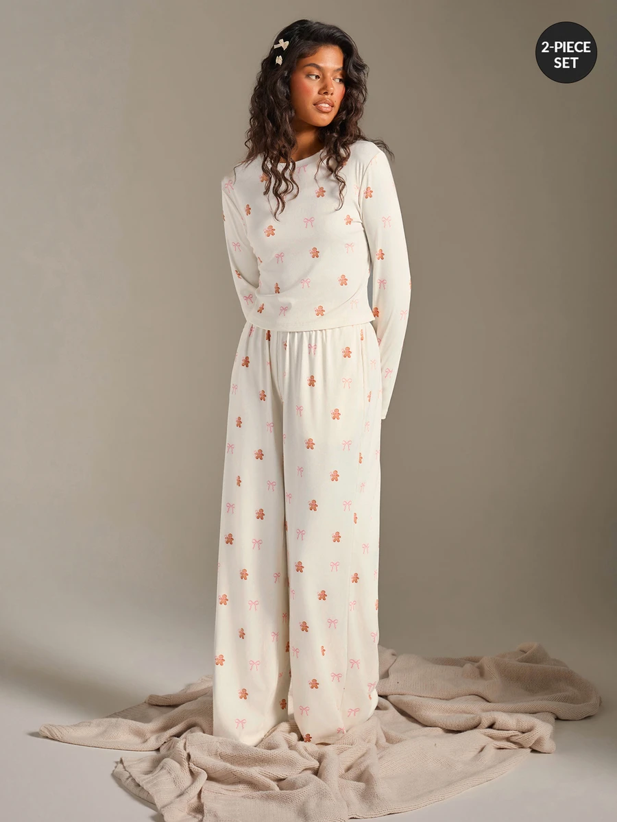 Athîral Women's Round Neck Bow Cartoon Print Long Sleeve Top And Matching Element Casual Long Pants Loungewear Set - Multicolor - View 1
