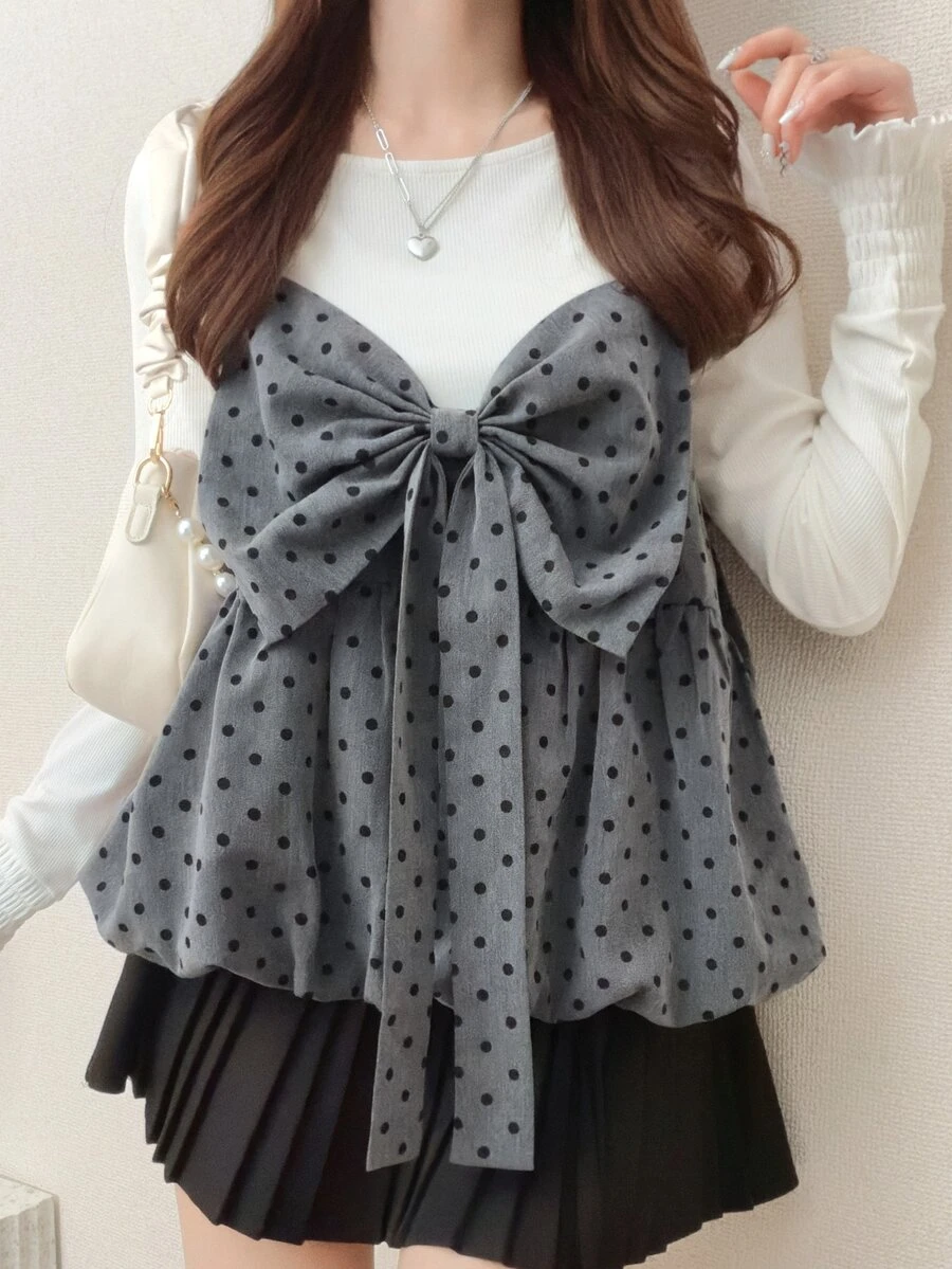 FRIFUL Women's Korean Style Bowknot Decor Polka Dot Camisole - Grey - View 1