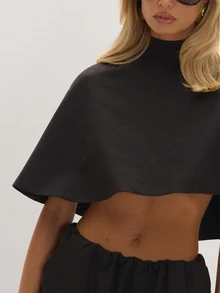 MUSEYN Black Tie Back Cape Top Versatile Everyday Casual Chic Date Night New Season Fall - Black - View 5