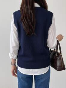 DAZY Solid V-Neck Sweater Vest Without Blouse,Fall Clothes - Navy Blue - View 3
