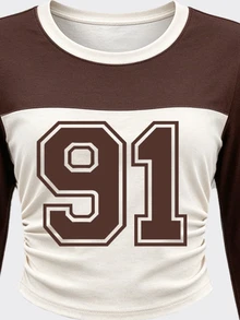 Tween Girls Autumn Casual Fashion Letter 91m Brown Striped Patchwork Ruched Waist Long Sleeve T-Shirt & Wide Leg Pants Set - Multicolor - View 6