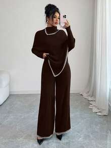 SHEIN Elenzya 女款秋冬長斗篷、寬鬆配色針織衫與寬腿褲2件套 - 棕色 - 查看 3