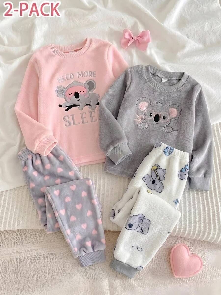 Girls' Cute Koala Embroidered Glasses Design Fleece-Lined Thermal Pajama Set, Round Neck Long Sleeve Top And All-Over Koala Print Pants, Ribbed Collar Cuffs And Hem, Soft Warm Comfortable Home Sleepwear, 2 Pieces Set, FW - Grey - View 1