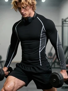 GymBeat Men's Black & Gray Colorblock High Neck Muscle Fit Long Sleeve T-Shirt For Gym, Running, Workout And Sports - Black - View 3