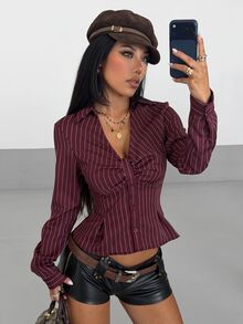 StreetHx Women's Striped Casual Versatile Everyday Outing Shirt - Burgundy - View 6