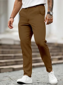 Manfinity Homme Men's Solid Color Pocketed Casual Straight Leg Pants, Fall - Rust Brown - View 3