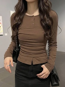 DAZY Women's Round Neck Long Sleeve Casual Base Layer T-Shirt - Brown - View 4