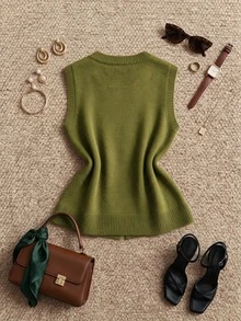 Grovea Áo gile len dệt kim phong cách Trung Quốc mới size lớn, cổ tròn, khuy ếch, sát nách, dáng cardigan vintage rộng phối layer cho mùa xuân thu - màu xanh lá - Xem 2