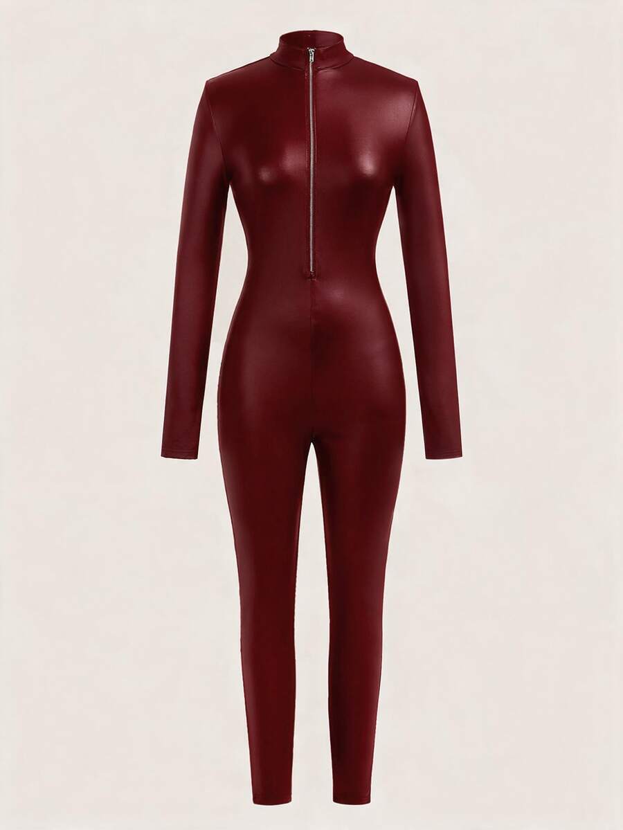 SHEIN EZwear 女款黑色彈性PU皮革前拉鍊連身褲 - 酒紅色 - 查看 1