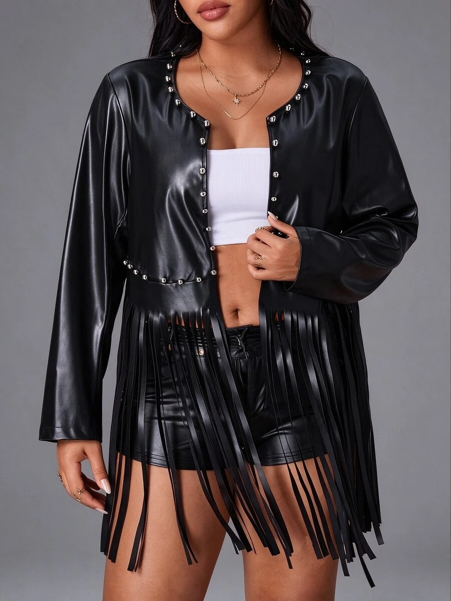 Rustia Front Beaded Tassel Hem Plus Size Long Sleeve Jacket Fall Winter Cloth For Women Autumn - Black - View 1
