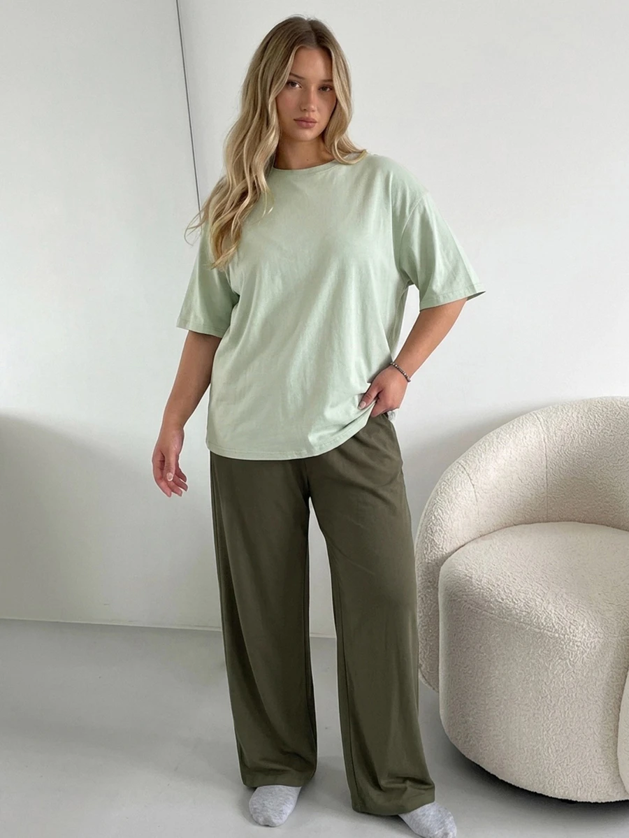 Dazy Plus 2pcs Solid Color Casual Daily Wear Long Pants Home Loungewear Spring/Autumn New Pajama Set - Mint Green - View 1