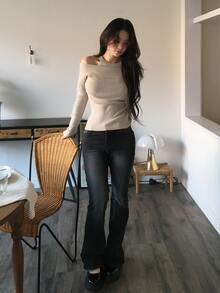 DAZY Solid Color Slim Fit Cold Shoulder Long Sleeve Elegant Vacation Korean Style Autumn/Winter Knit Sweater For Women - Apricot - View 3
