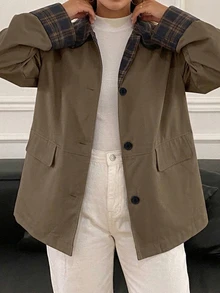 Dazy Plus Koreansk stil höstnyhet patchwork trenchcoat regular jacka - Kaki - Visa 4