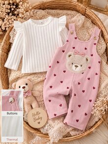 SHEIN 新生兒燈芯絨愛心印花兒童布料可愛毛絨熊刺繡圖案肩帶式厚實寬鬆連身長褲，適合冬季 - 藕粉色 - 查看 3