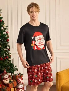 Notgurli Men's Funny Santa Claus Print Short Sleeve Pajama Set, Red & Black Plaid Comfortable Casual Lounge Shorts 2 Pieces Set - Multicolor - View 4