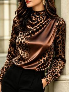 Velvienne Plus Size Women's Blouse With Small Stand Collar, Shoulder Draping, Long Sleeves, Contrast Color Print, Suitable For Outings, Commuting, Home And Gatherings - Coffee Brown - View 7
