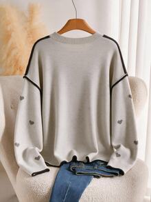 CosyJoli Plus Size Elegant French Casual Heart Pattern Khaki Autumn/Winter Pullover Sweater Top For Women - Khaki - View 2