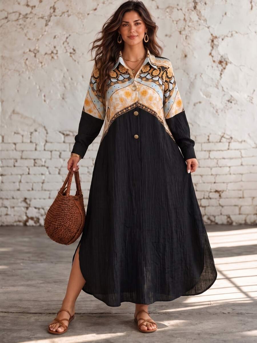 Linhara CURVE Plus Size Print Floral Patchwork Pleated Textured Fabric ...