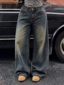 Dazy Plus Vintage Washed Denim Straight Leg Jeans, Street Casual Versatile Long Pants, Spring/Autumn New Style - Dark Wash - View 4