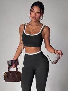 Dewbera Dewbera Women's Patchwork Camisole Top & Contrast Trim Fitted Leggings Sports Set - Black and White - View 1