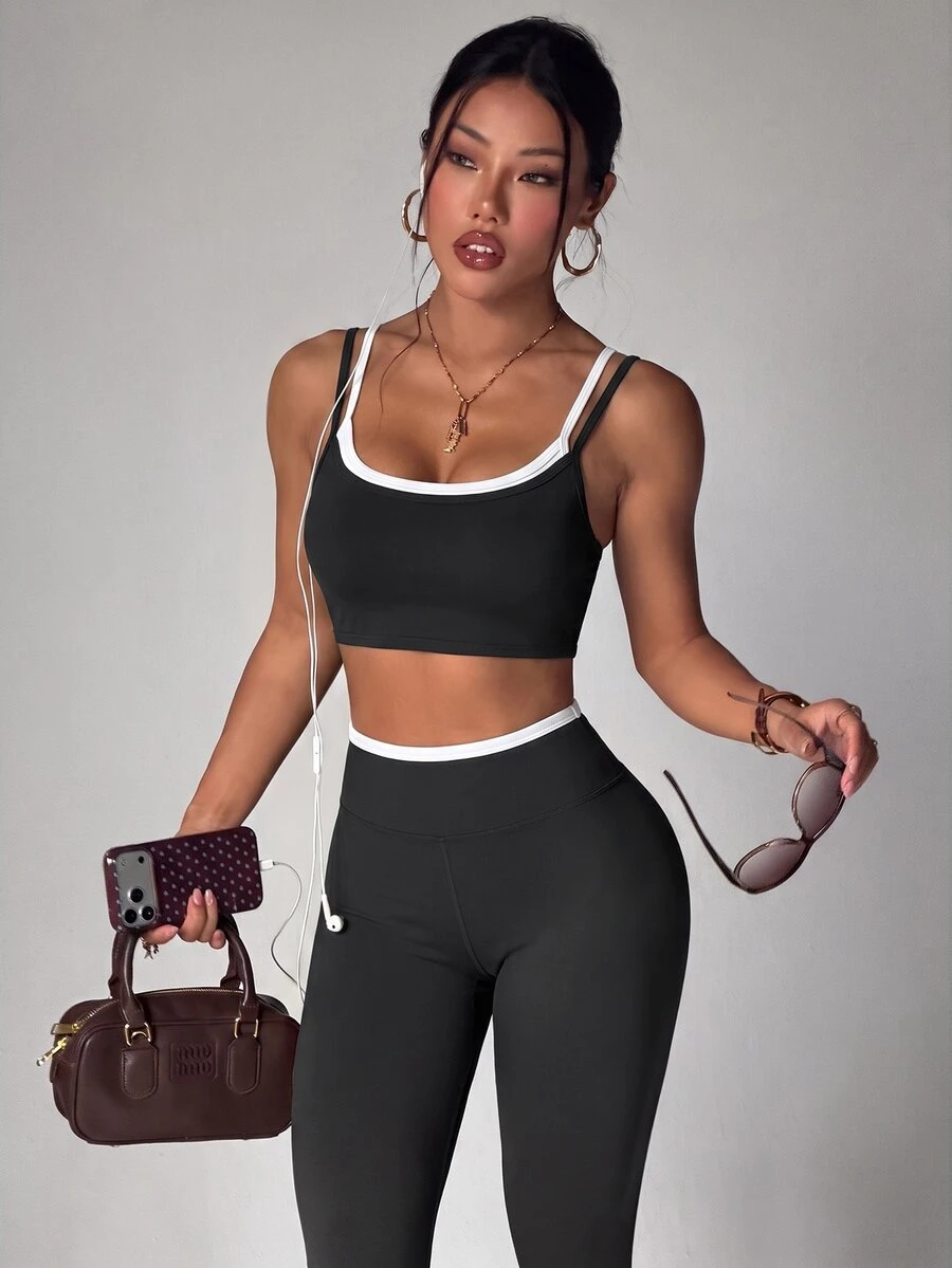 Dewbera Dewbera Women's Patchwork Camisole Top & Contrast Trim Fitted Leggings Sports Set - Black and White - View 1