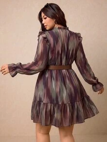 Elaquor Plus Size Women Tie-Dye Ruffle Hem Front Tie Fashion Elegant Dress - Multicolor - View 2