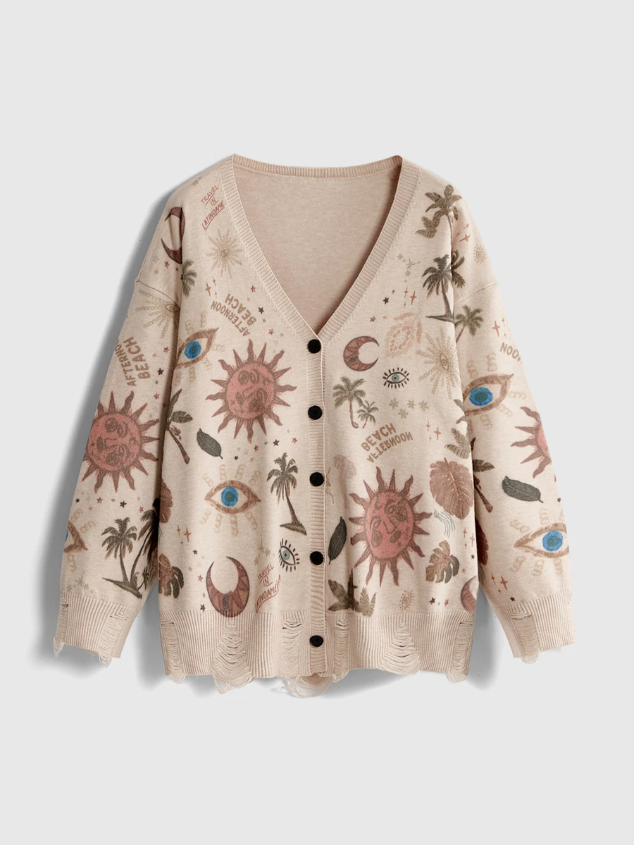 ROMWE Dark Gothic Style Plus Size Knitted Cardigan, Skull & Moth Jacquard, Distressed Design, V-Neck Long Sleeve, Halloween Sweater Jacket - Apricot - View 1
