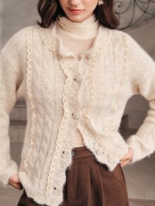 Anewsta Women's Light Color Lace Trim Loose Comfortable Versatile Knit Top For Vacation And Outings - Apricot - View 1
