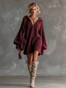SHEIN 新款春夏秋冬舒適混色針織迷你洋裝 女款半拉鍊領落肩寬鬆毛衣洋裝 - 酒紅色 - 查看 7