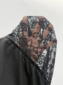 SHEIN PETITE Áo nỉ nữ tay dài phối ren patchwork vai bất đối xứng - màu đen - Xem 7
