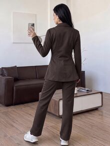 Solavon Women's Casual Elegant Modest Zip-Up Long Sleeve Jacket And Pants 2 Pieces Set Office Taupe Fall - Coffee Brown - View 3