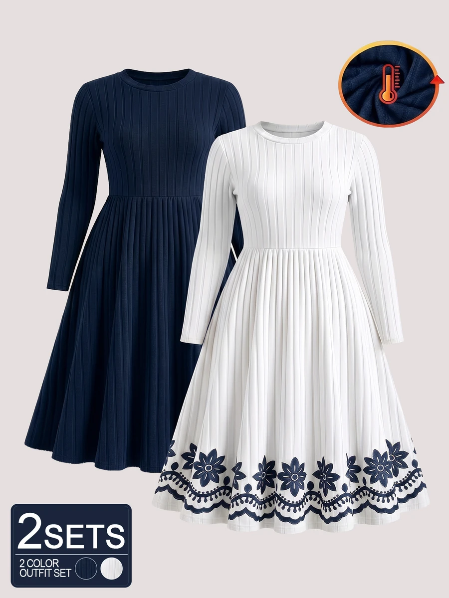SHEIN Tween Girl 2pcs Solid Brown And Cream Flared Dress, Elegant Contrast Ribbed Top Embroidery Princess Dresses For Thanksgiving Fall Wear - Navy Blue - View 1