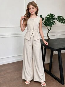 SHEIN 少女 2 件套：藍色背心與長褲，兒童休閒優雅白色亮面提花珍珠鈕扣開襟衫配長褲... - 杏色 - 查看 3