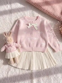 SHEIN Young Girl Young Girl Solid Color Knit Bow Pattern Sweater & Skirt Set 2pcs Suitable For Autumn/Winter - Pink - View 2