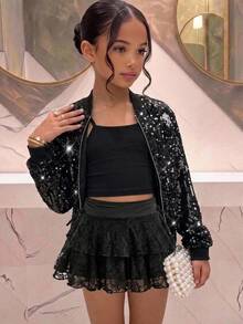 青少年女孩秋冬黑色亮片開襟夾克，萬聖節派對哥德風 - 黑色 - 查看 4