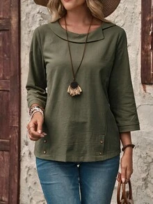 EMERY ROSE Ladies' Simple Solid Color Long Sleeve Linen Casual Shirt,Long Sleeve Tops - Army Green - View 9