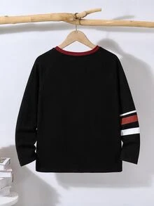 SHEIN 1件兒童青少年男孩拼色長袖T恤，休閒學院風，舒適時尚，簡約實用，多功能，柔軟面料，適合日常穿著、上學、旅行、戶外運動，四季皆宜 - 黑色 - 查看 4