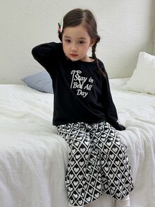 Dazy Kids Infant (Girl) Round Neck Long Sleeve Comfortable 2 Pieces Loungewear Set - Black and White - View 5