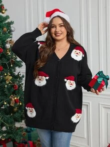 SHEIN CURVE+ 大尺碼女款單排扣V領長袖聖誕老人圖案針織開襟衫 - 彩色 - 查看 7
