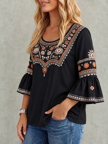 Linhara CURVE Plus Size Women's Print Blouse, Round Neck, Ruffle Flare 3/4 Sleeve, Suitable For Best Friend Gatherings, Couple Dates, Beach, Travel - Black - View 5
