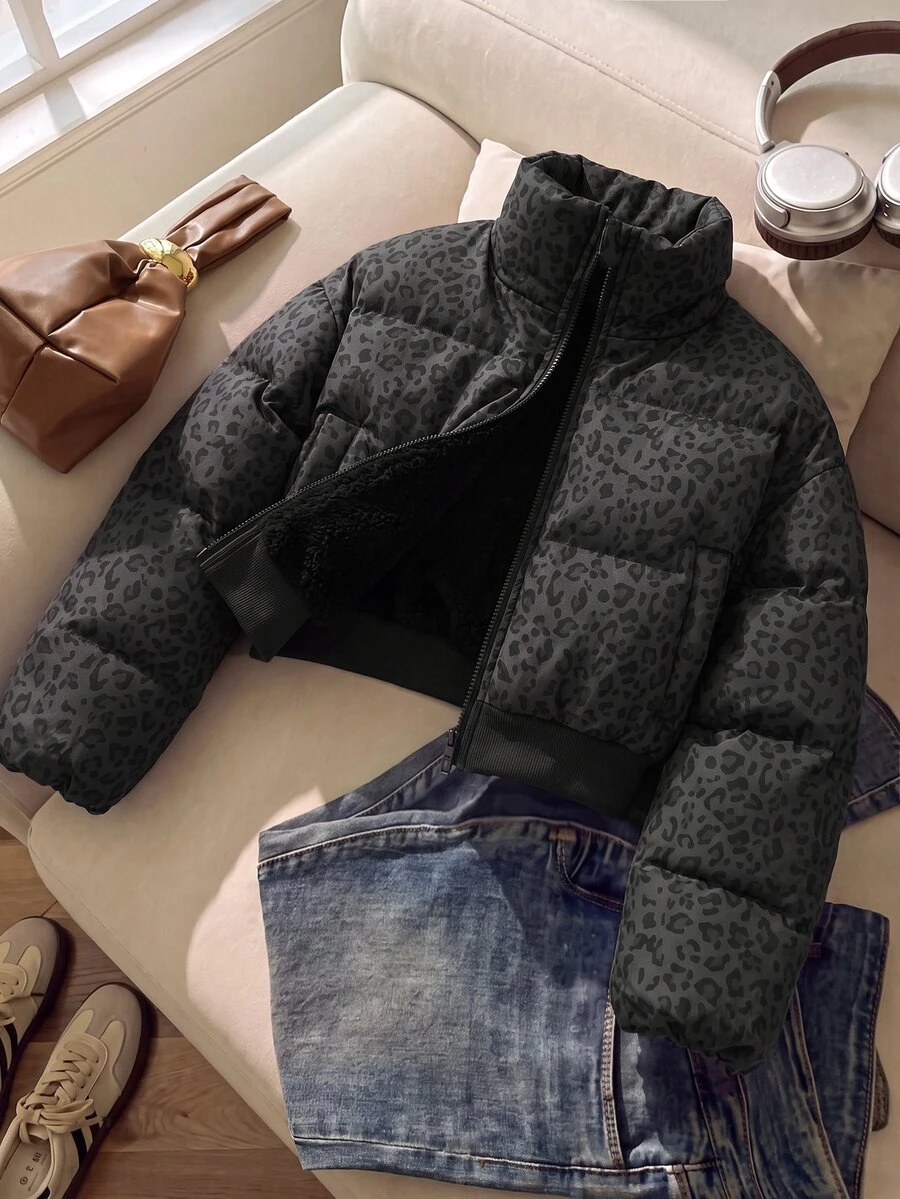 SHEIN 青少年女孩棕色波點寬鬆短版立領羽絨填充冬季外套 - 黑色 - 查看 1