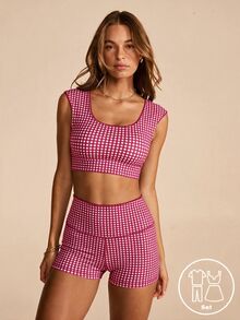 Aralina 女款格紋圓領短袖上衣與短褲休閒運動服套裝 - 紅色 - 查看 5