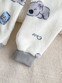 Girls' Cute Koala Embroidered Glasses Design Fleece-Lined Thermal Pajama Set, Round Neck Long Sleeve Top And All-Over Koala Print Pants, Ribbed Collar Cuffs And Hem, Soft Warm Comfortable Home Sleepwear, 2 Pieces Set, FW - Grey - View 8