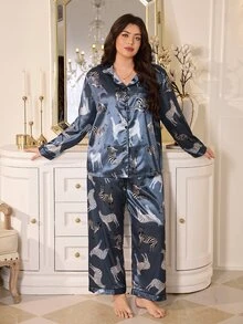 MuseNap CURVE Plus Size Faux Silk Floral Print Lapel Long Sleeve Pants Pajama Set - Dusty Blue - View 5