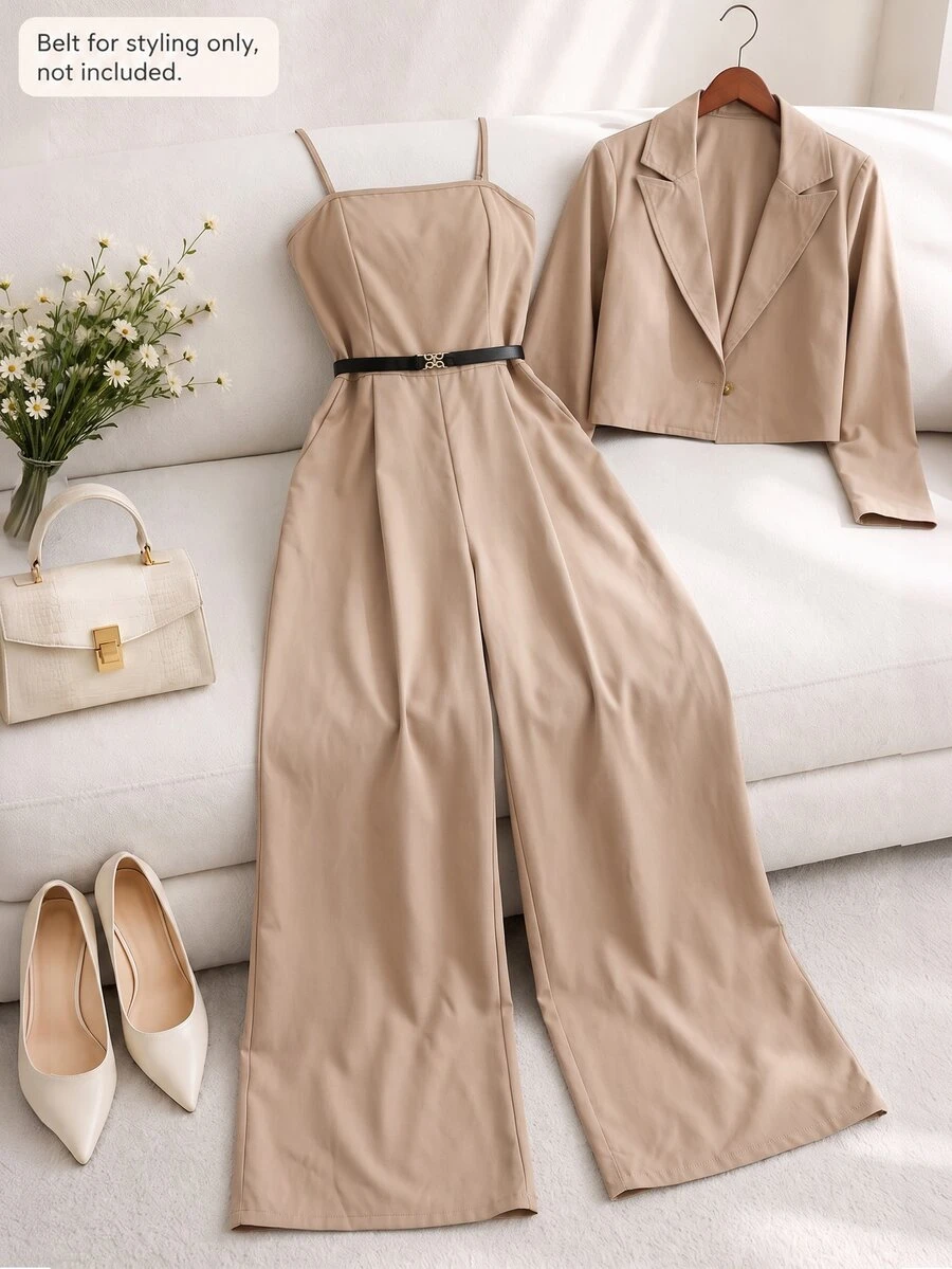 Bộ jumpsuit 2 món màu kaki cho thiếu nữ, gồm áo blazer dáng ngắn và áo liền quần ống rộng cúp ngực cho mùa thu đông - Màu Khaki - Xem 1